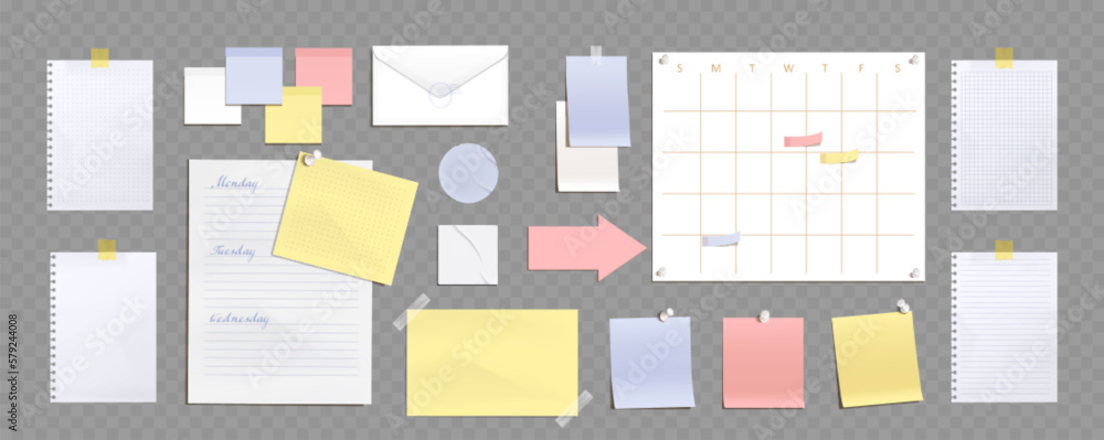 Paper notes, notebook pages, stickers and envelope. School or office mockup with blank paper sheets 