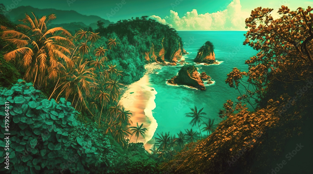 Tropical jungle on the ocean shore. Paradise landscape. Generative AI