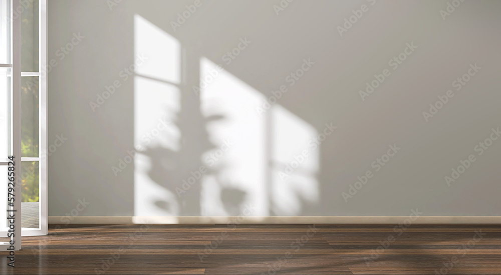 Empty luxury beige white wall room, white door with glass panel, baseboard on walnut wooden parquet 