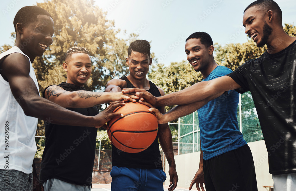 Basketball court teamwork, support and motivation of healthy competition, social game or happy frien