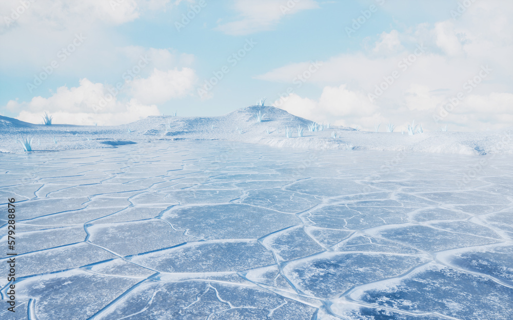 Ice ground with crack pattern, 3d rendering.