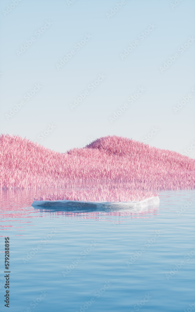 Rock product stage with pink grassland and lakes, 3d rendering.