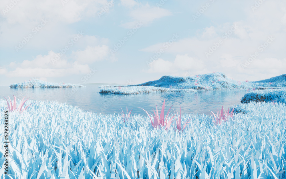 Blue grassland with lakes, 3d rendering.