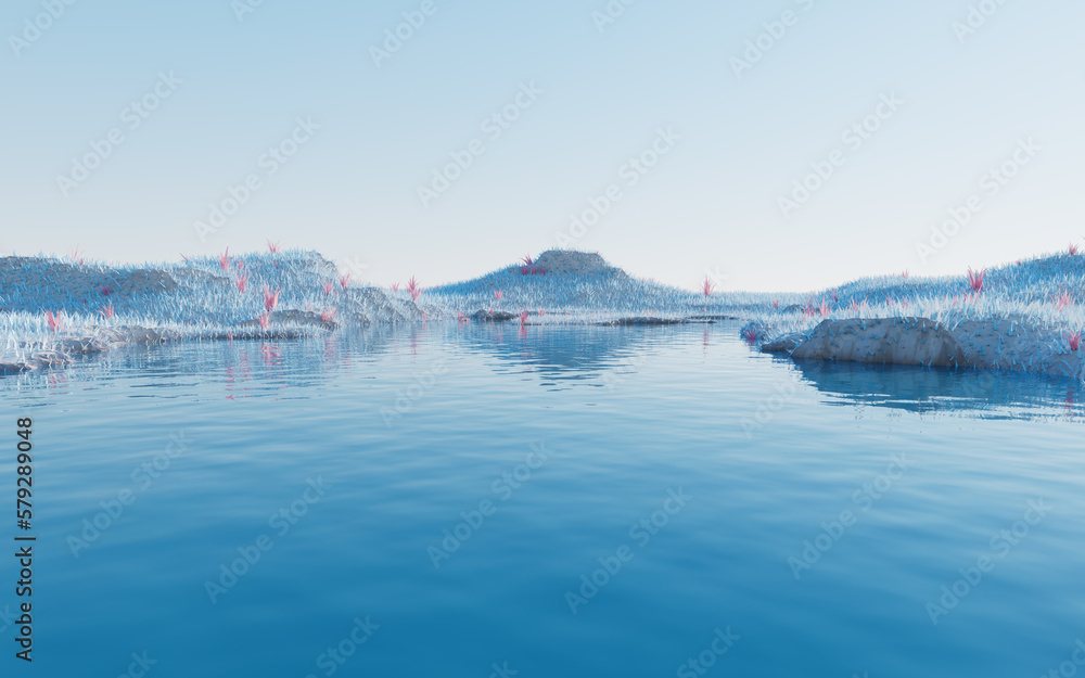 Blue grassland with lakes, 3d rendering.