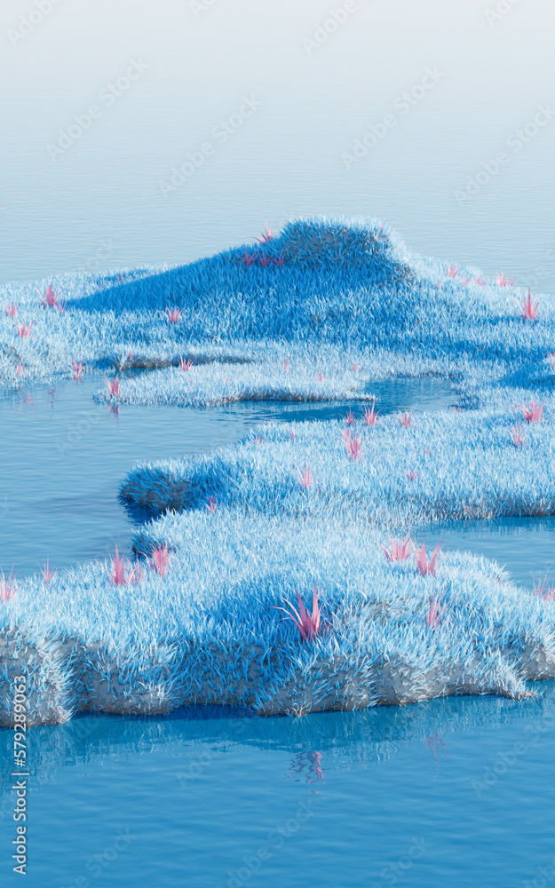 Blue grassland with lakes, 3d rendering.