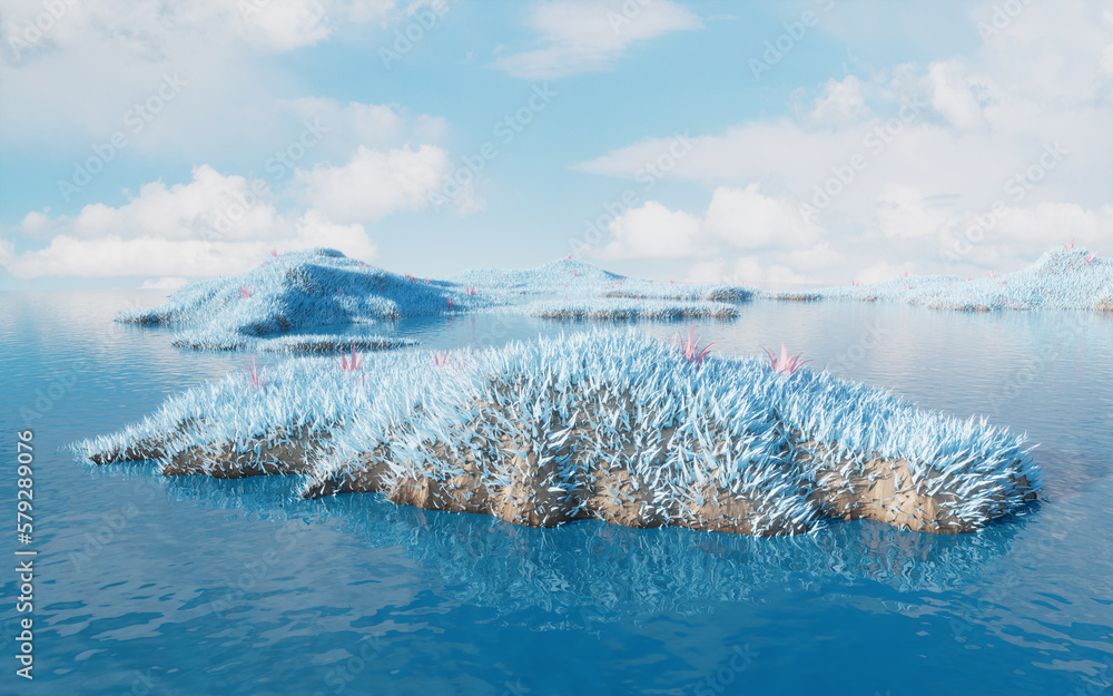 Blue grassland with lakes, 3d rendering.