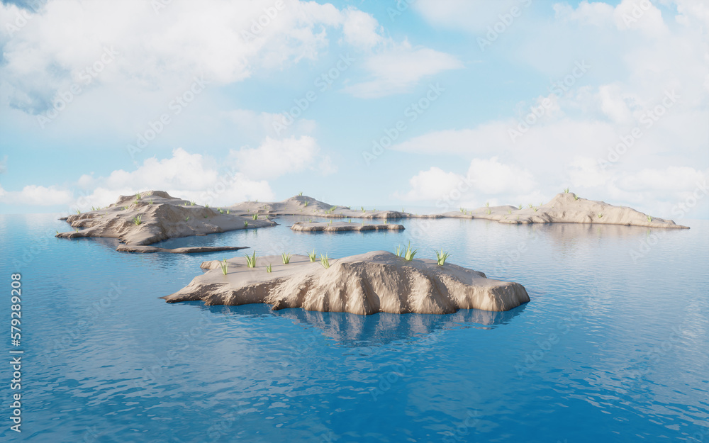 Barren land and lakes, 3d rendering.