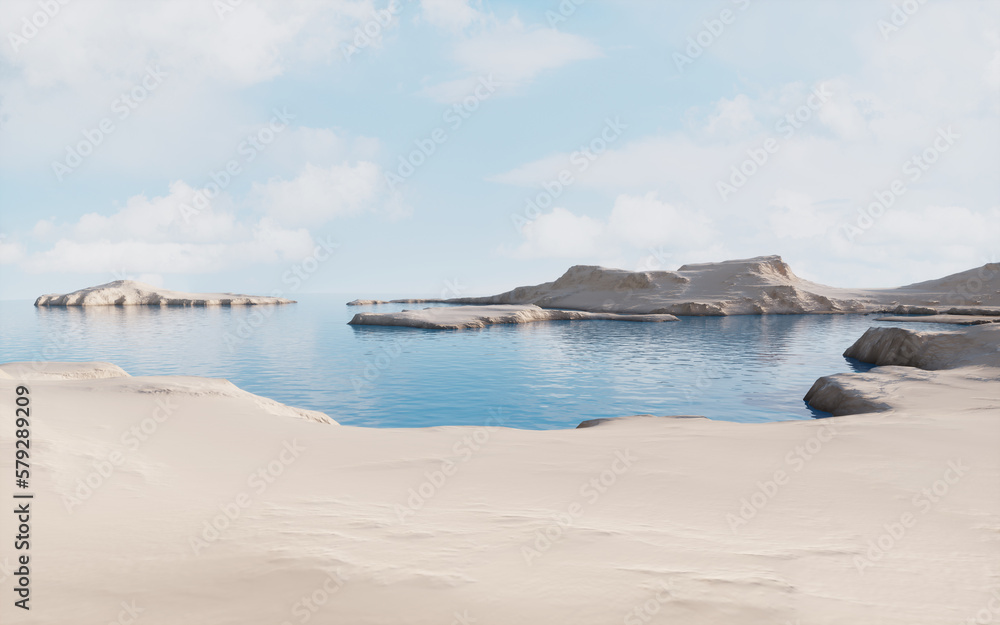 Barren land and lakes, 3d rendering.