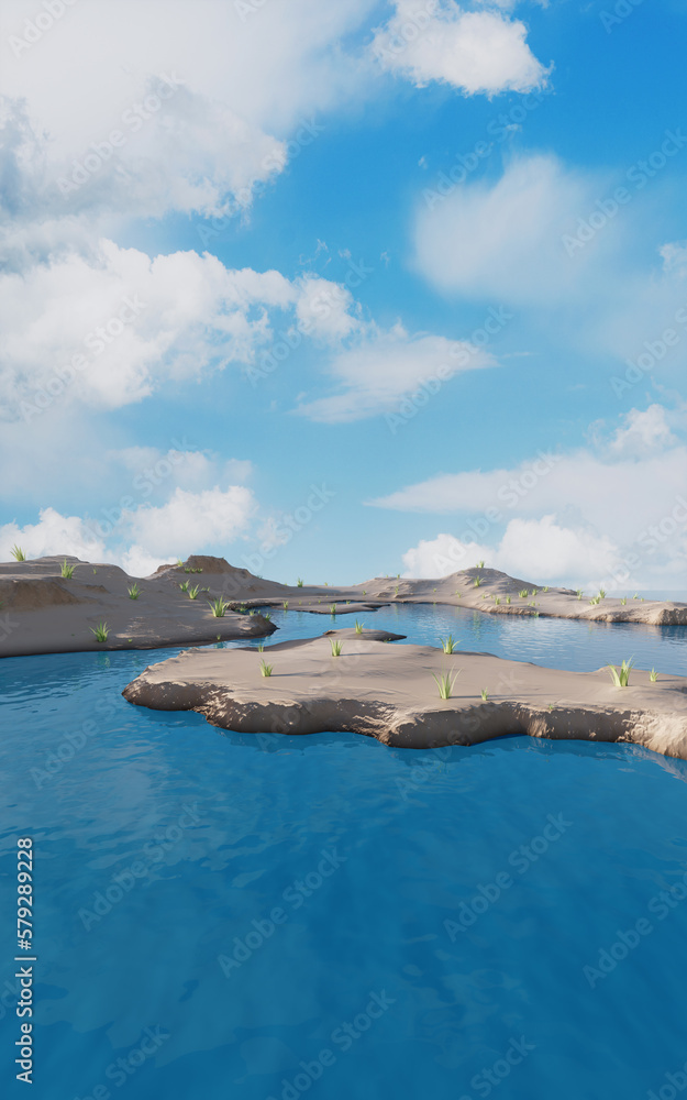 Barren land and lakes, 3d rendering.