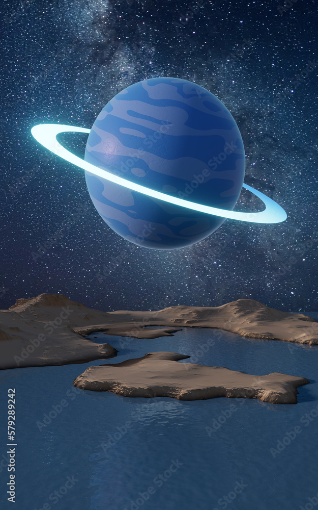 Planet with milky way at night, 3d rendering.