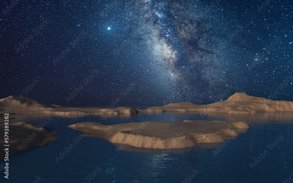 Soil land and lake with milky way at night, 3d rendering.