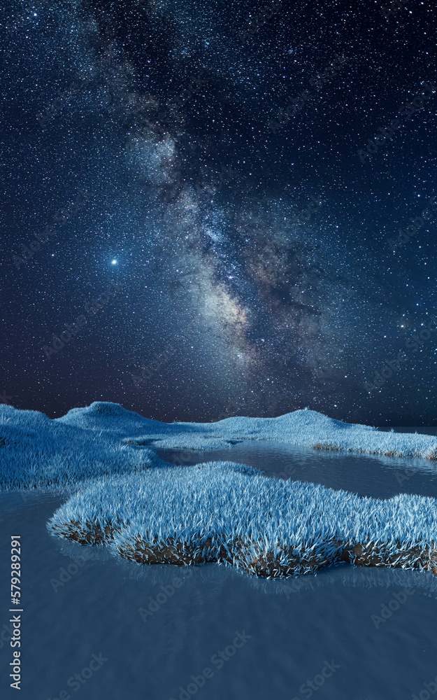 Blue grassland with milky way at night, 3d rendering.