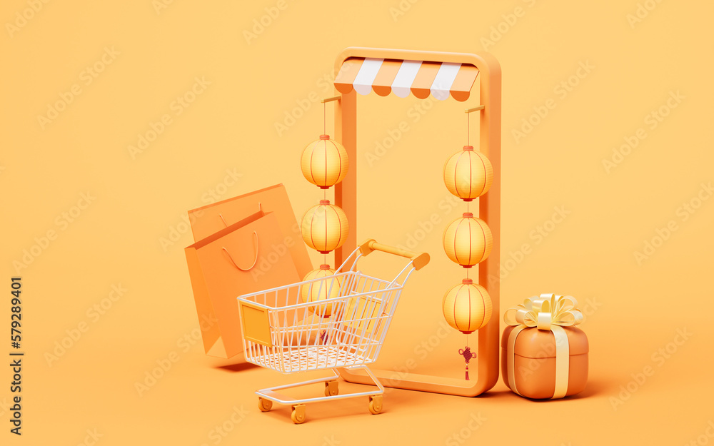 Online shop with 3d cartoon style, 3d rendering.