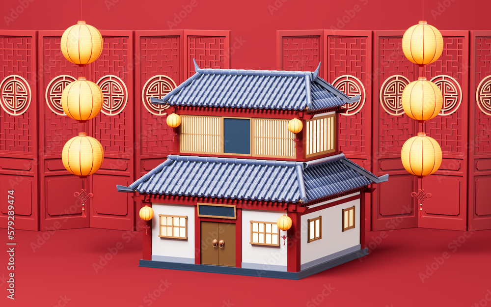 Chinese ancient building with retro style, 3d rendering.