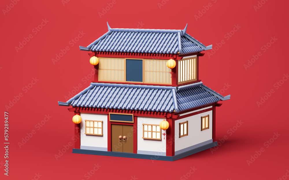 Chinese ancient building with retro style, 3d rendering.