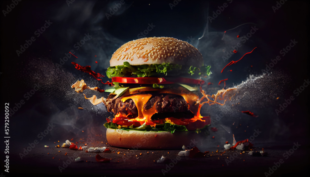 delicious fresh burger on a dark background. Generative AI