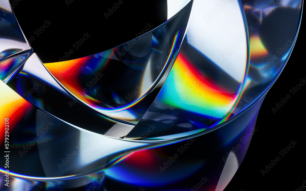 Colorful curve glass with dispersion, 3d rendering.