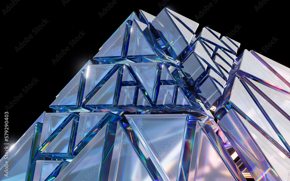 Glass geometries with dispersion colors, 3d rendering.