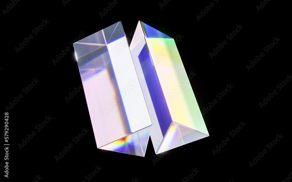 Glass geometries with dispersion colors, 3d rendering.