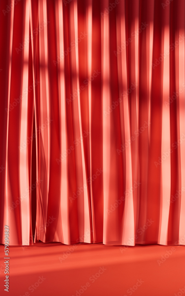 Red curtain with sunlight comes in, 3d rendering.