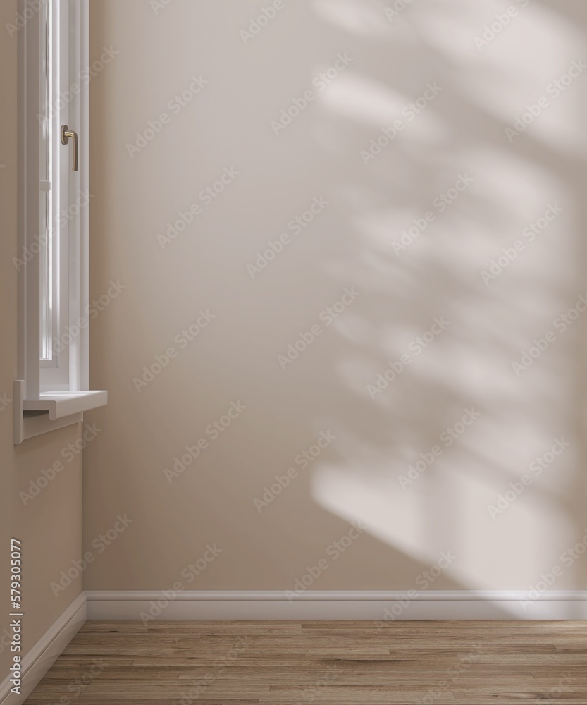 Empty luxury room with beige wall, white window, white baseboard on maple wooden parquet in dappled 