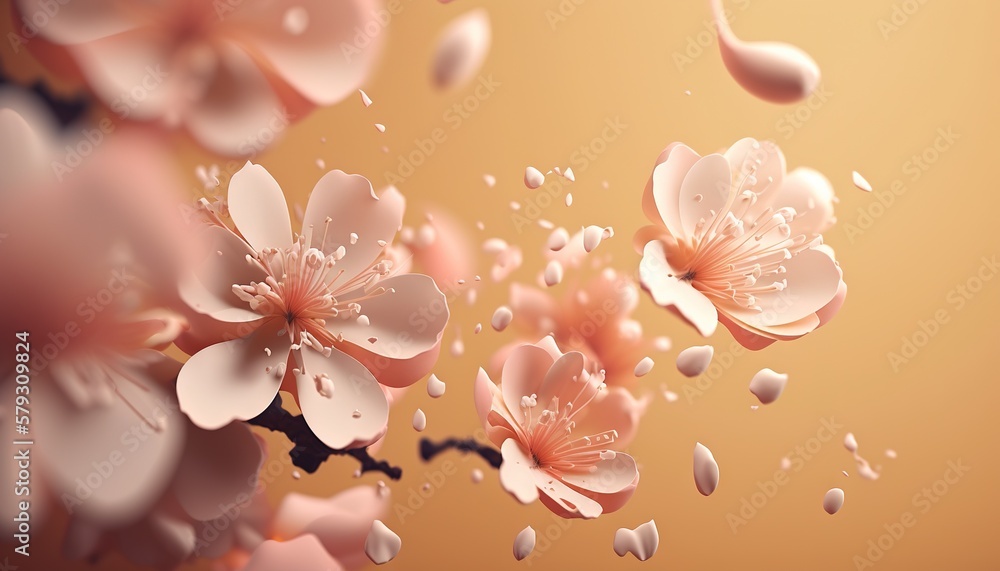 Petals of cherry blossom blown by the wind. Sakura flowers. Generative AI