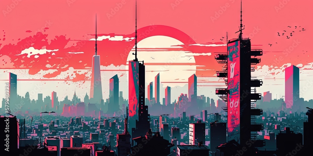 Panoramic cityscape in cyberpunk futuristic style. Towering skyscrapers in neon retrowave colors. Ge