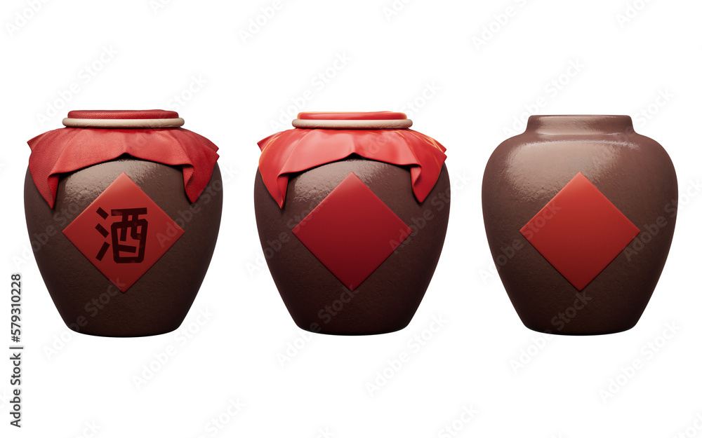 Chinese ancient wine with retro style, 3d rendering. Translation on the jar: wine.