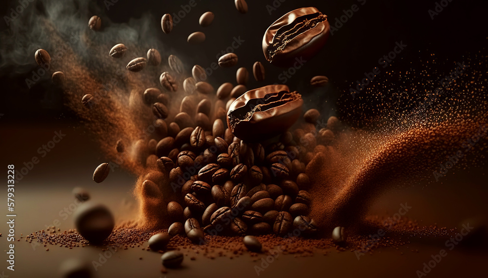 Roasted coffee beans. Brown smoke of coffee aroma. Generative AI