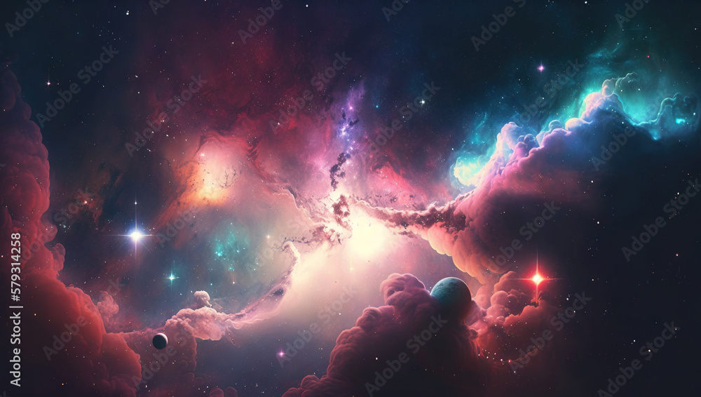 Distant neon galaxy in space. Stars, nebulas and dark matter. Generative AI