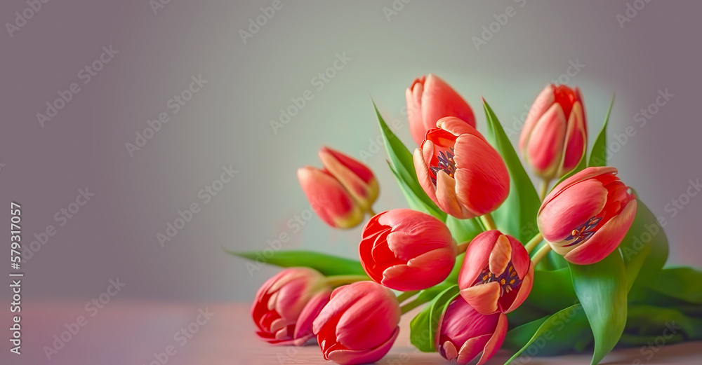 Bouquet of red tulips on pastel background. Generative AI