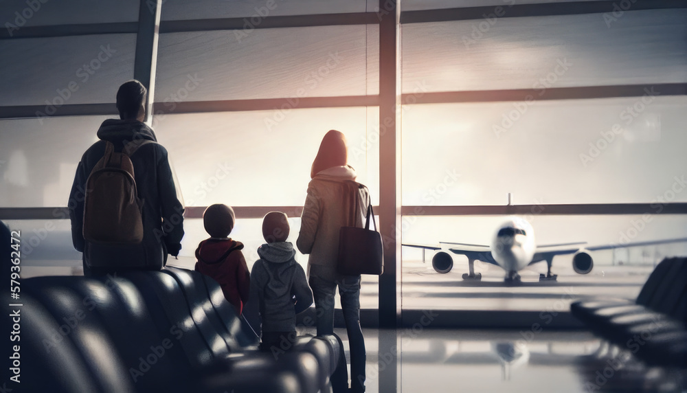 Waiting area with seats in airport terminal. Generative AI