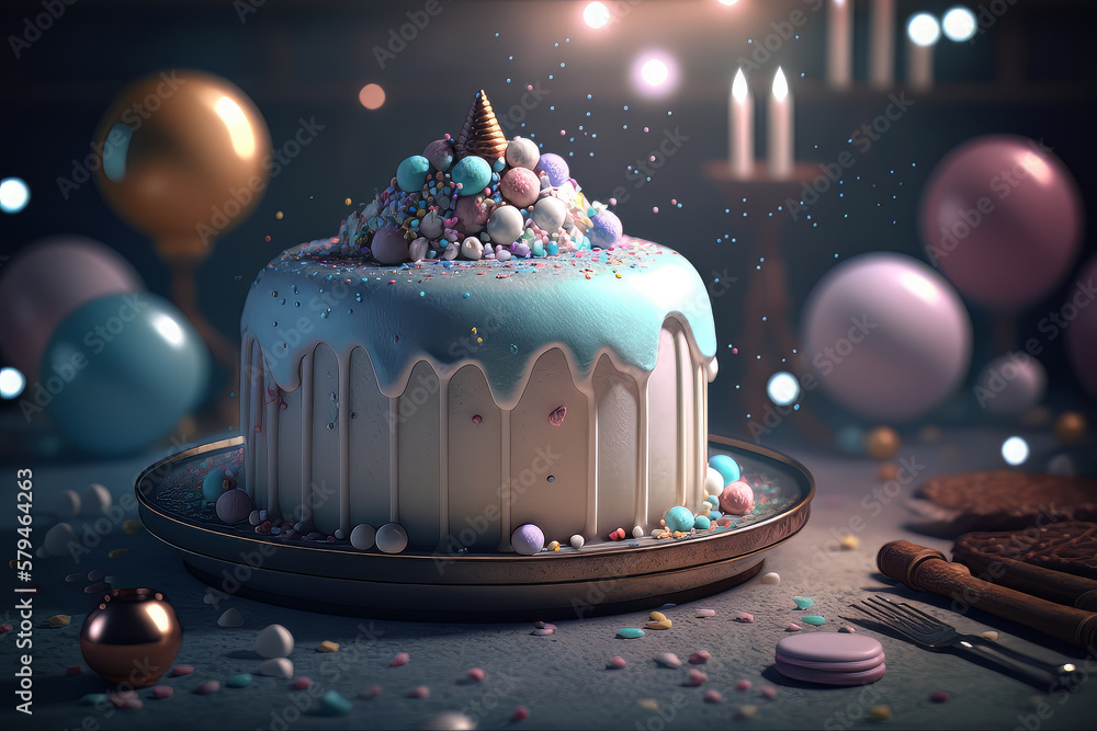 Tasty Childrens birthday cake. Illustration AI Generative