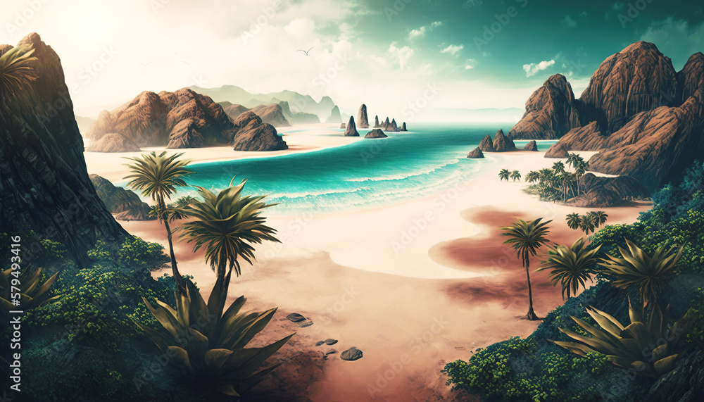 Tropical jungle on the ocean shore. Paradise landscape. Generative AI