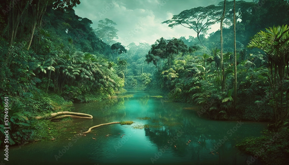 Tropical jungle with river. Green scenery of paradise forest. Generative AI