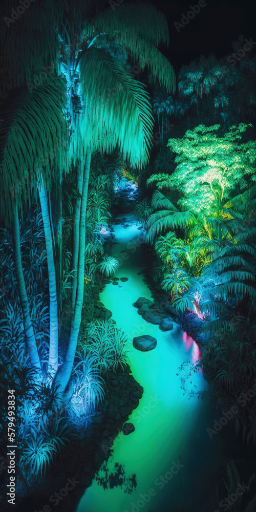 Tropical jungle in vibrant gradient neon colors. Synthwave rain forest. Generative AI