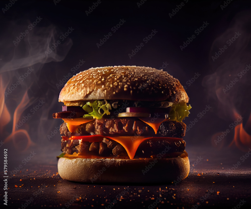 delicious fresh burger on a dark background. Generative AI