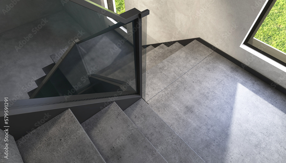 Top view of modern, elegant U shape black cement stone stair, landing staircase with window, tempere