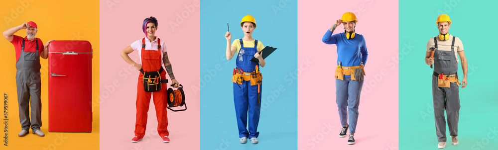 Collage of different workers on color background