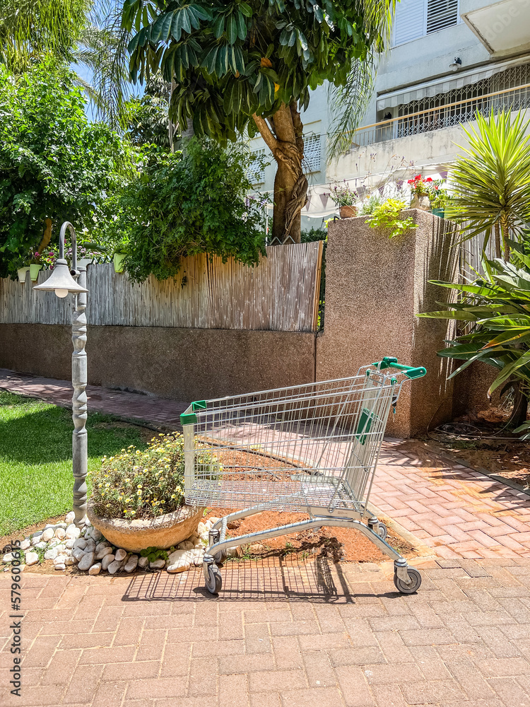 Empty metal shopping cart outdoors