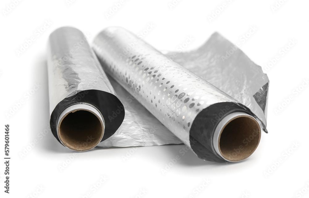 Rolls of aluminium foil isolated on white background