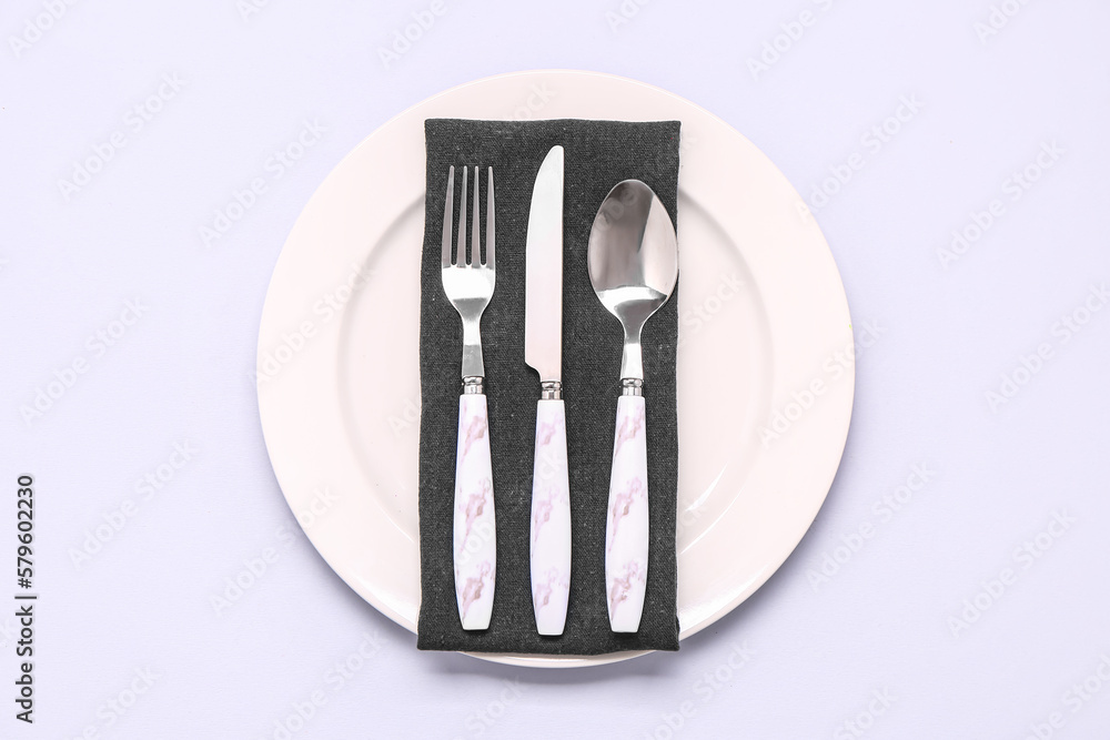 Plate with napkin and cutlery on white background