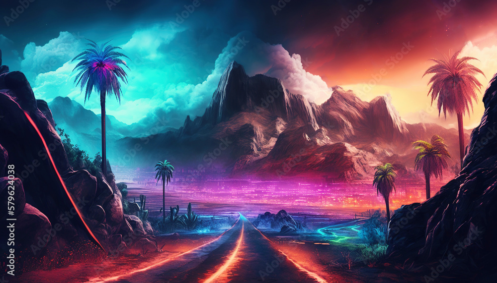 Palm trees in the desert with mountains on background. Neon colored synthwave landscape. Generative 