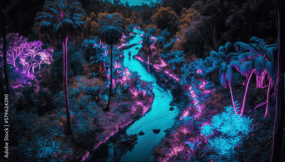 Tropical jungle in vibrant gradient neon colors. Synthwave rain forest. Generative AI