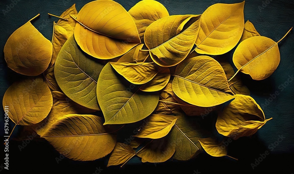  a bunch of yellow leaves on a black surface with a black background and a black background with a w