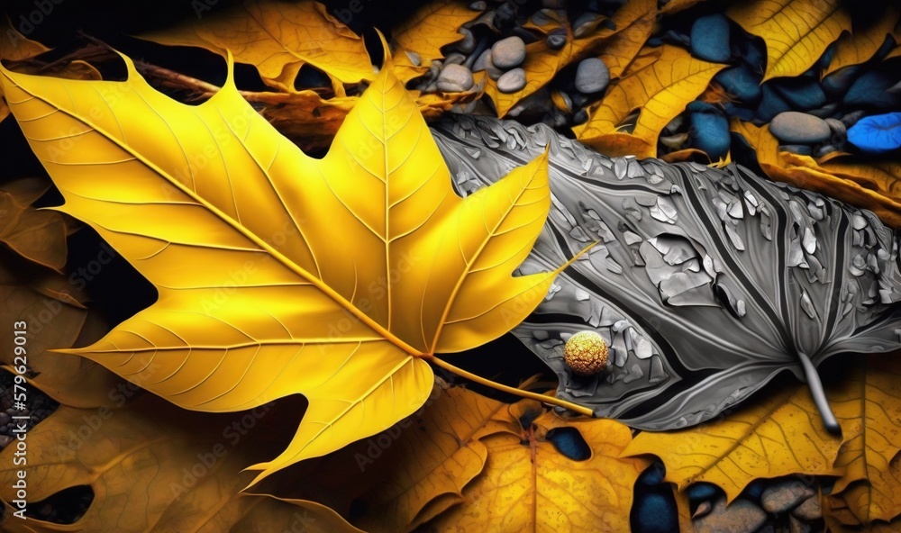  a yellow leaf laying on top of a pile of rocks and leaves with drops of water on its leaves are al