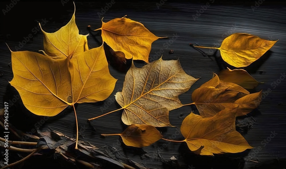  a group of yellow leaves laying on top of a wooden table next to twigs and twigs on the ground, wit