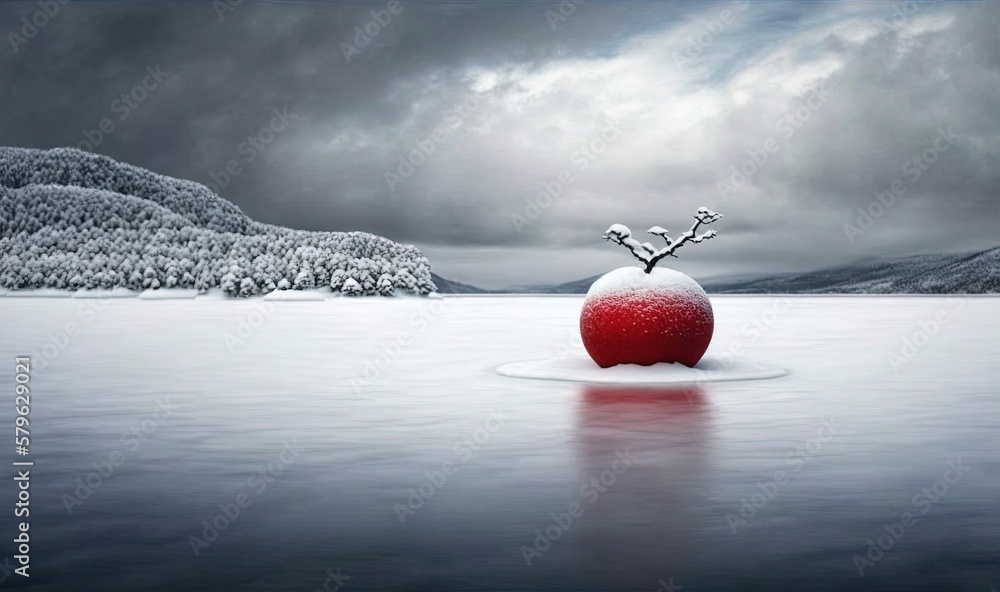  a red apple sitting on top of a lake covered in snow next to a forest covered in snow covered hills