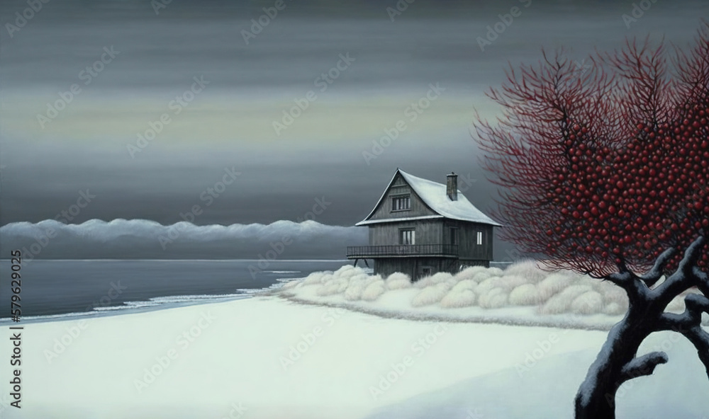  a painting of a house by the water with a tree in the foreground and snow on the ground, and a boat