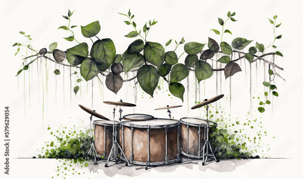  a painting of a drum set with leaves hanging from the ceiling and dripping water on the drum sticks